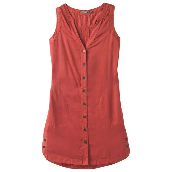 New Womens NWT PrAna L Talton Dress Pockets Patina Red Buttons Soft Sleeveless - Picture 3 of 10